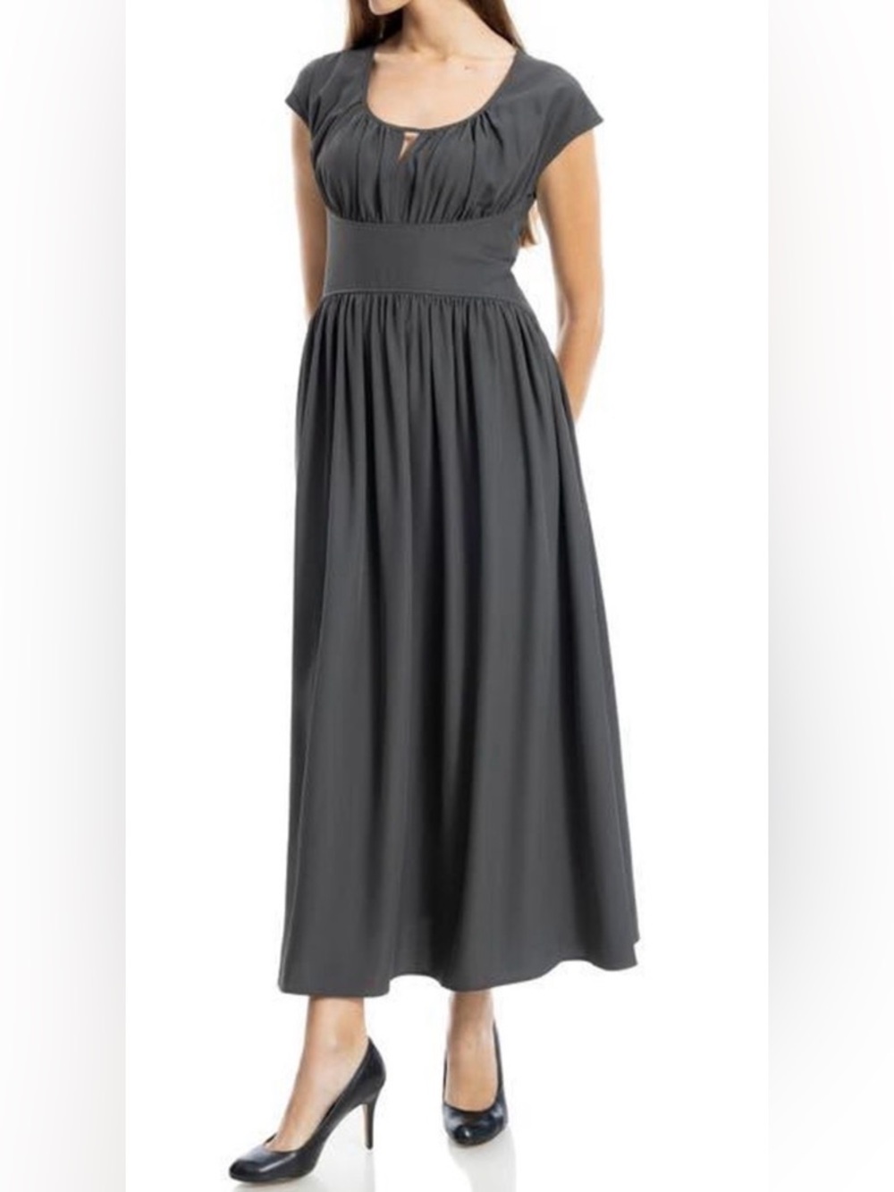 Max Studio London Maxi Dress Medium Gray Short Sleeve Sculpted Waist Stretch NEW - Picture 5 of 9
